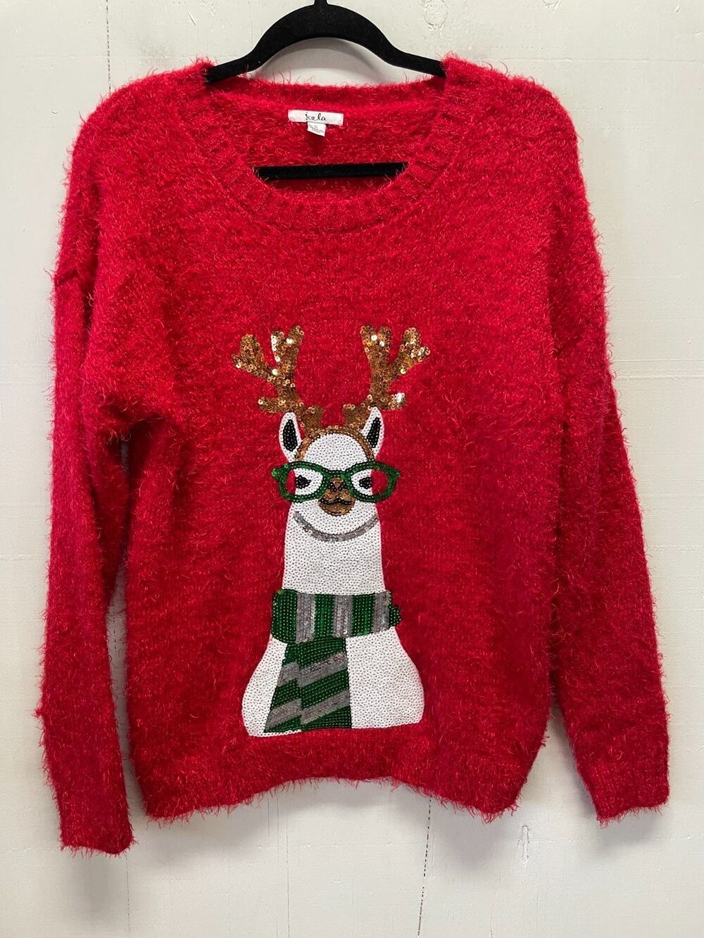 Kela Women's Red Fuzzy Christmas Sweater Sequined Llama Size Small Holiday